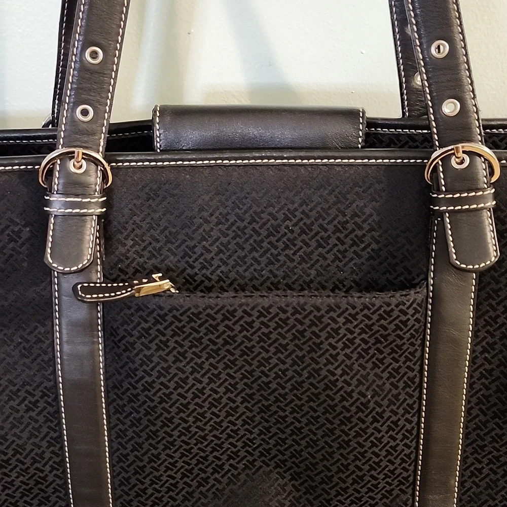 Talbots Laptop Travel Multi-Pocket Bag Black Leather Textile
